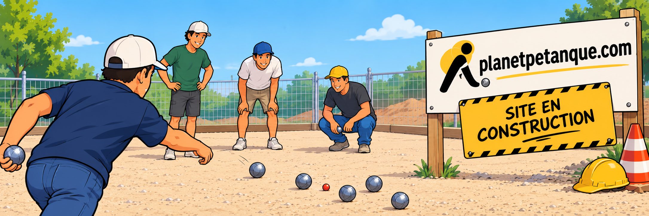 Des joueurs de pétanque sur un terrain, à côté d’un panneau « planetpetanque.com, site en construction »
